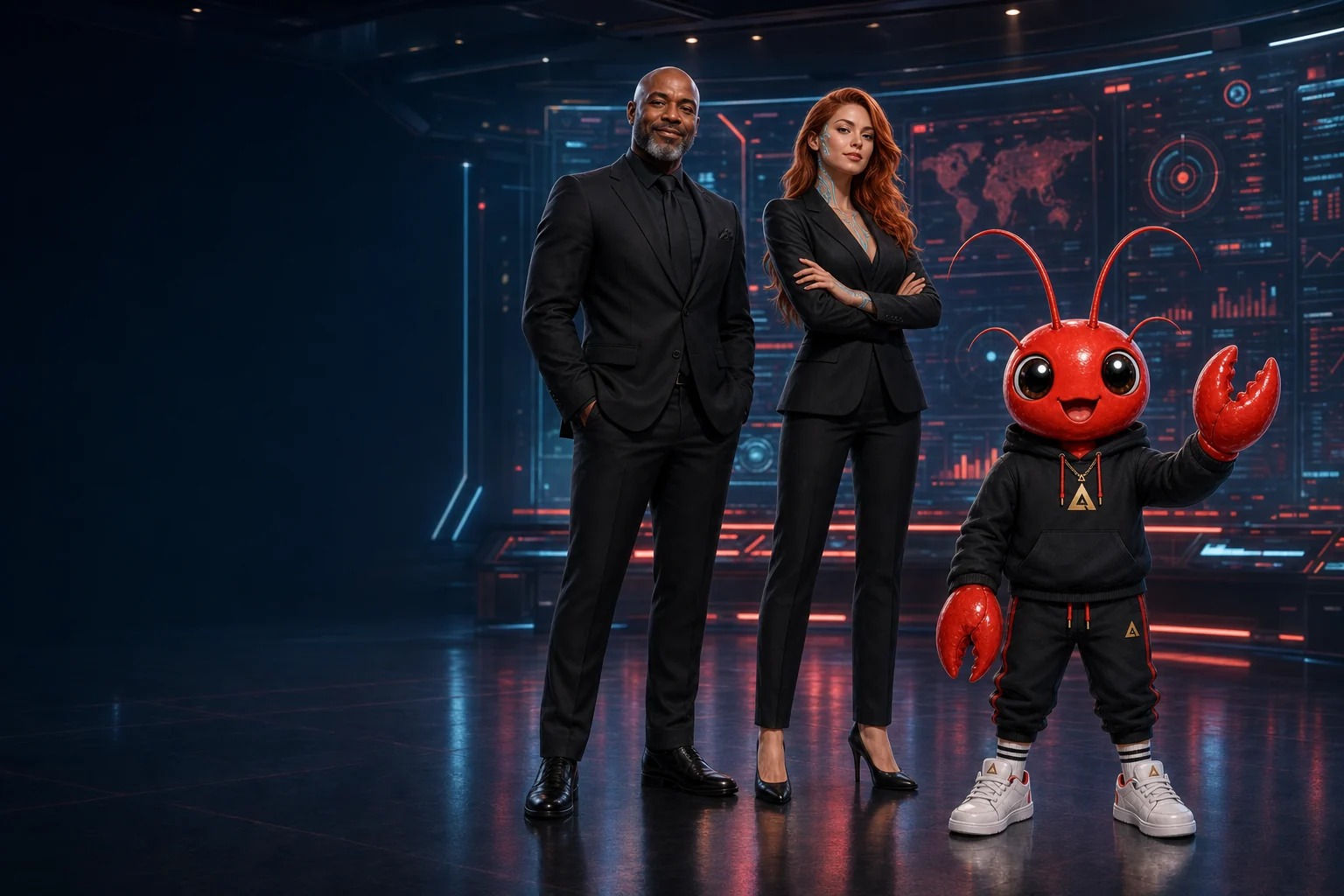 Carlos Mello, a MILA e o mascote OpenClaw diante de painéis holográficos azuis, a equipe da sua operação de inteligência artificial